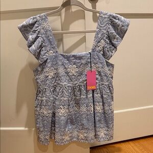 THML Ruffled Sleeve Blue and White Blouse